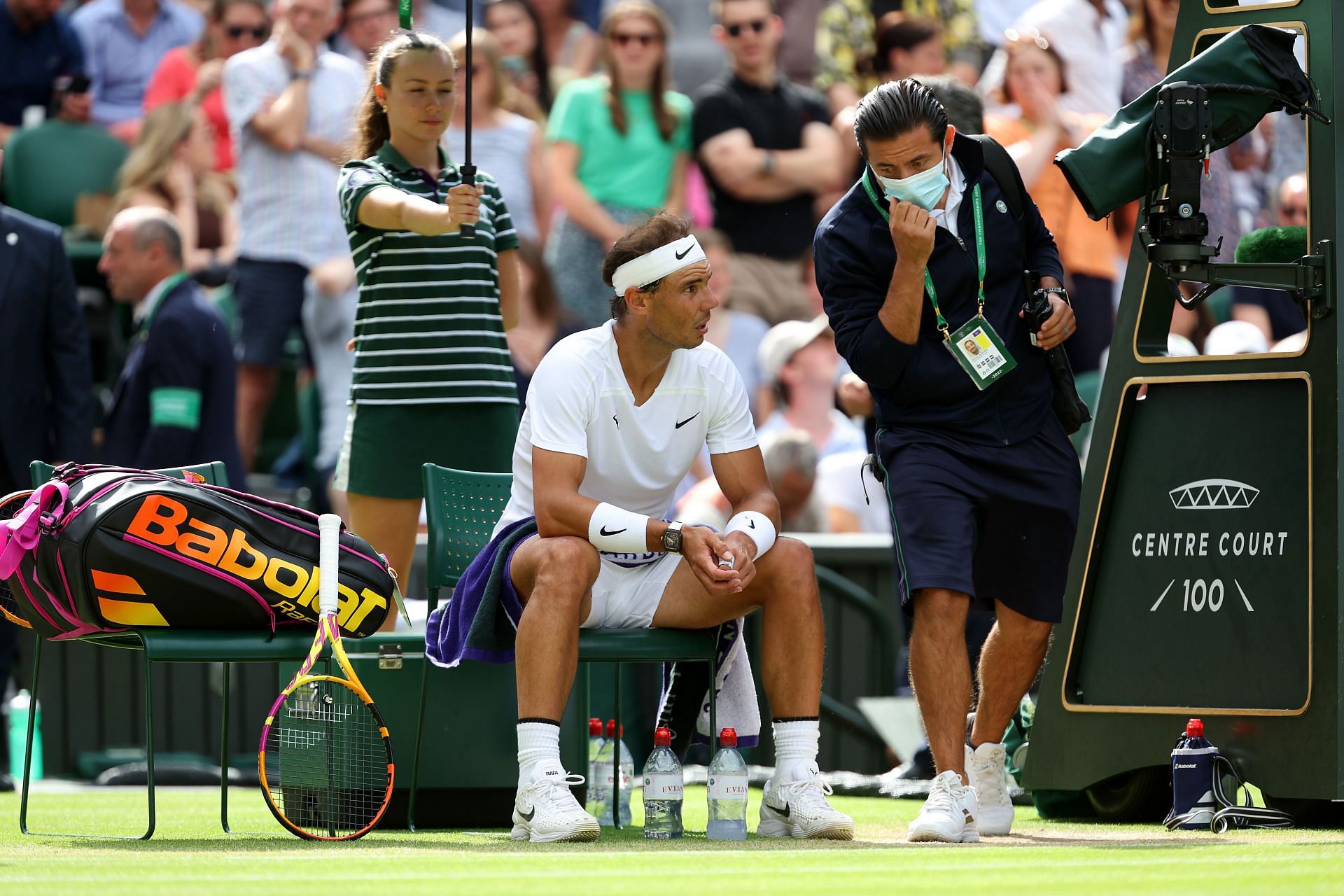 Rafael Nadal indicating at Wimbledon 2022